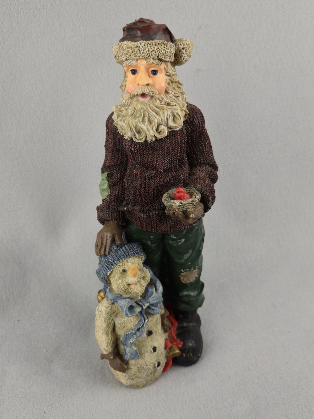Vintage Rustic Santa Figurine with Snowman & Bird Nest Decor 13"